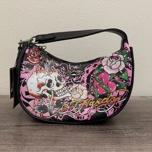 Ed Hardy Black and Pink Skull Tattoo Shoulder Bag NWT Purse